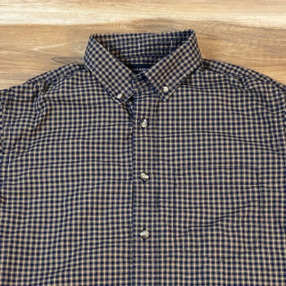 Banana Republic Button Down Men S‎ Plaid Cotton Untucked Fit Navy Blue Classic